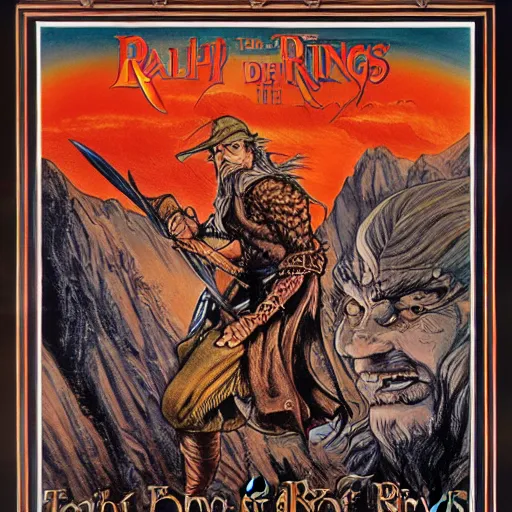 Image similar to variations on the legendary theatrical release poster of ralph bakshi lord of the rings movie, artist tom jung