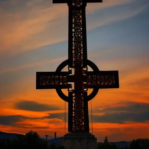 Image similar to millennium cross at sunset in skopje, glowing cross with a halo, twilight and nighttime composition, photograph, atmospheric, perfect lighting, highly detailed