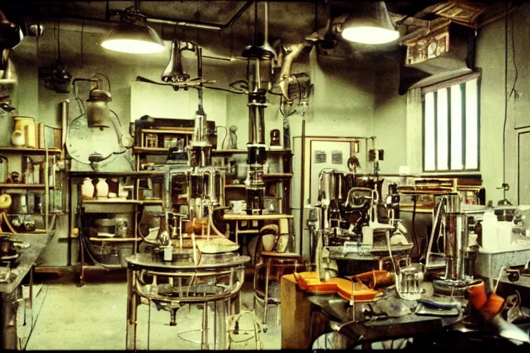 Prompt: vintage 3 5 mm color photo of the interior of an alchemist's lab