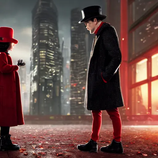 Image similar to a highly detailed epic cinematic concept art, cyberpunk, a thin man in a black coat and bowler hat talks with small young girl who is dressed in a red coat and a red hat, park, autumn, high detail, width 768