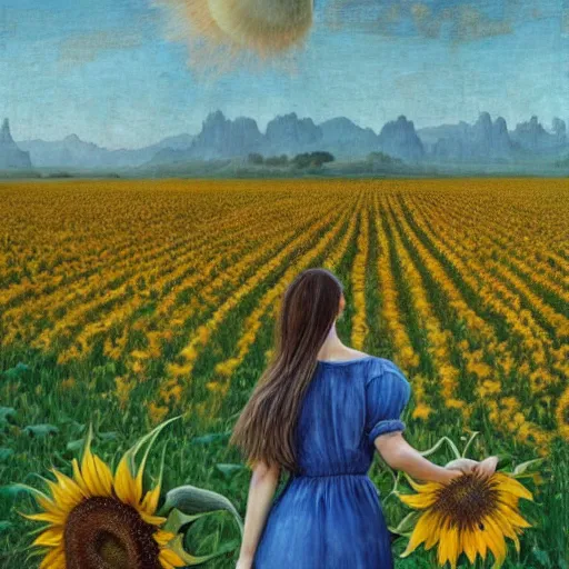 Image similar to a girl slowly walking through amazing tall sunflower field, her hair flowing down, subtle, intricate details, real masterpiece, oil on canvas, by leonardo da vinci, vitalik buterin