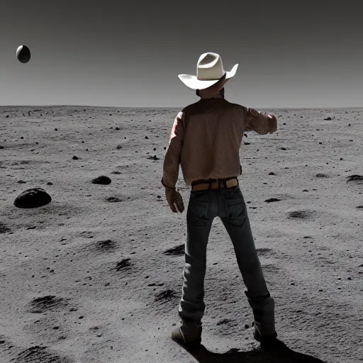 Image similar to cowboy standing on the moon, planet earth in the sky, photorealistic, octane render, blender render, unreal engine, 3 5 mm