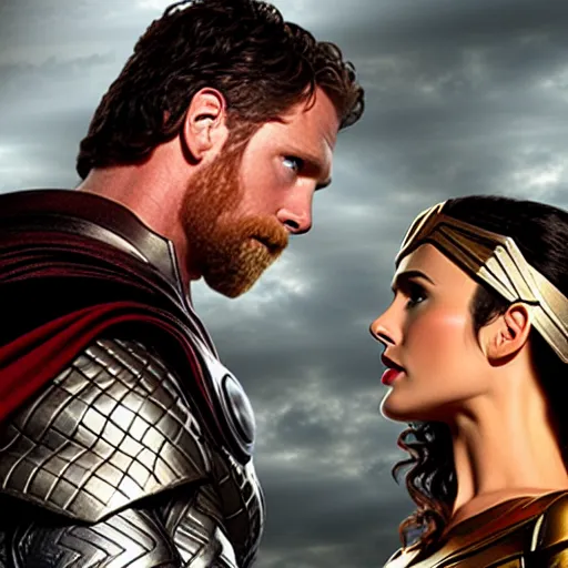 Image similar to thor and wonder woman love scene new marvel movie, cinematic still, romantic lighting