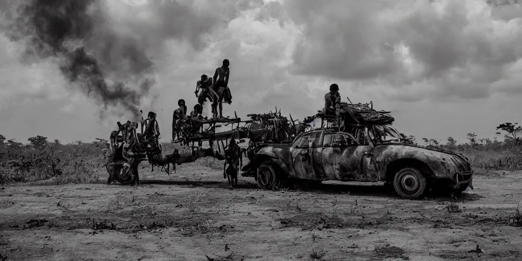 Image similar to sri lankan mad max style, jungle, film still, epic shot cinematography, rule of thirds