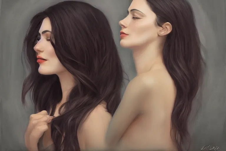 Prompt: a portrait of a beautiful woman, dark hair, 3/4 side view, matte painting, art by Olivia de Berardinis