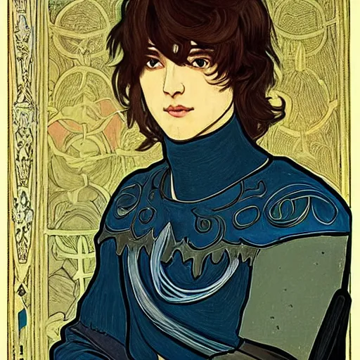 Image similar to portrait painting of young handsome beautiful paladin elf!! man with long! wavy dark hair in his 2 0 s named taehyung minjun james at the blueberry party, wearing armor!, gorgeous hair, elf ears, blueish eyes, icy eyes, elegant, cute, delicate, soft facial features, art by alphonse mucha, vincent van gogh, egon schiele,