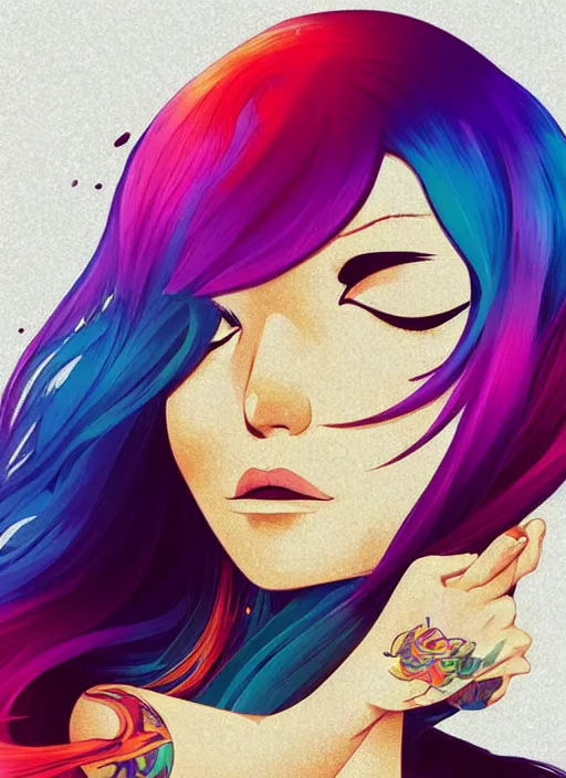 Image similar to a young woman with beautiful rainbow hair and lots of tattoos. clean cel shaded vector art. shutterstock. behance hd by lois van baarle, artgerm, helen huang, by makoto shinkai and ilya kuvshinov, rossdraws, illustration, art by ilya kuvshinov
