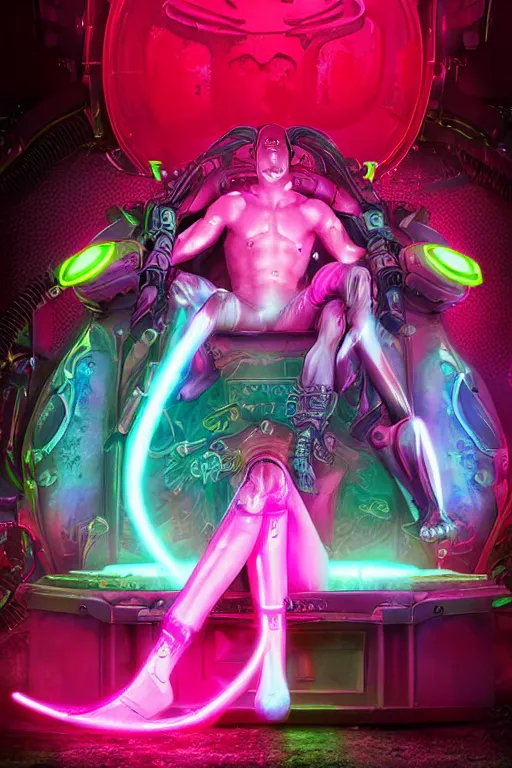 Prompt: fantasy medeival and cyberpunk style red neon statue of a muscular attractive tan male macho dotado android reclining sim roupa con piroca dura, glowing pink face, white baseball cap, green steampunk lasers, emeralds, swirling white silk fabric. futuristic elements. prismatic liquid rainbow light, full-length view. space robots. human skulls. dragon. throne made of swords, intricate artwork by caravaggio. Trending on artstation, octane render, cinematic lighting from the right, hyper realism, octane render, 8k, depth of field, 3D