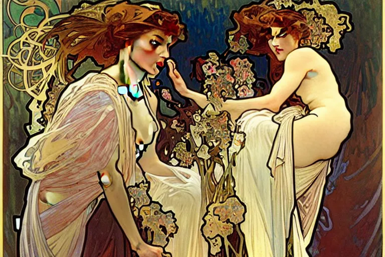 Prompt: Alphonse Mucha painting crowded figures