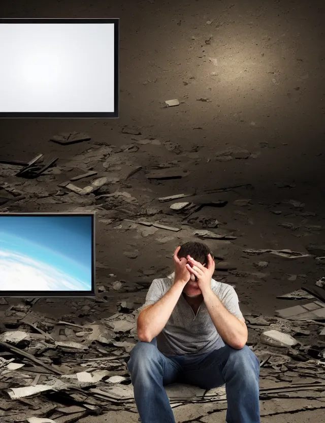 Image similar to a high resolution photo of a sad man watching the end of the universe live stream playing on a vintage computer screen, earthquake, debris