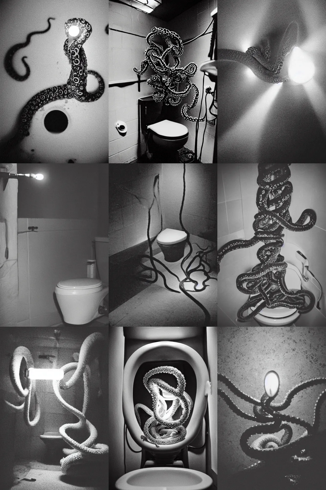 Prompt: grainy film photo of tentacles coming out of a toilet, lit by a flashlight, very dark, creepy, scary