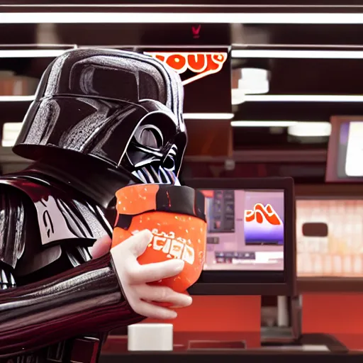 Image similar to darth vador working at dunkin donuts , 8k cinematic lighting, very sharp detail, anatomically correct