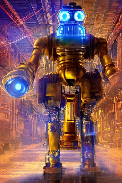 Image similar to portrait photo of a giant huge golden and blue metal humanoid steampunk robot cleaner robot, with gears tubes vaccuumcleaner, on the wet floor are mop and bucket, eyes are glowing red lightbulbs, shiny crisp finish, 3 d render, 8 k, insaneley detailed, fluorescent colors, background is multicolored lasershow