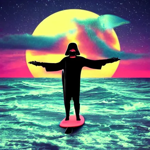 Image similar to darth plagueis the wise on a surfboard at sunset, vaporwave aesthetic, highly detailed