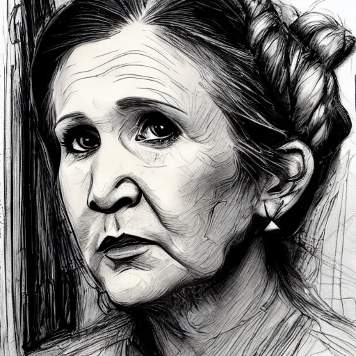 Image similar to a realistic yet scraggly portrait sketch of the side profile of a stern and sophisticated carrie fisher, trending on artstation, intricate details, in the style of frank auerbach, in the style of sergio aragones, in the style of martin ansin, in the style of david aja, in the style of mattias adolfsson