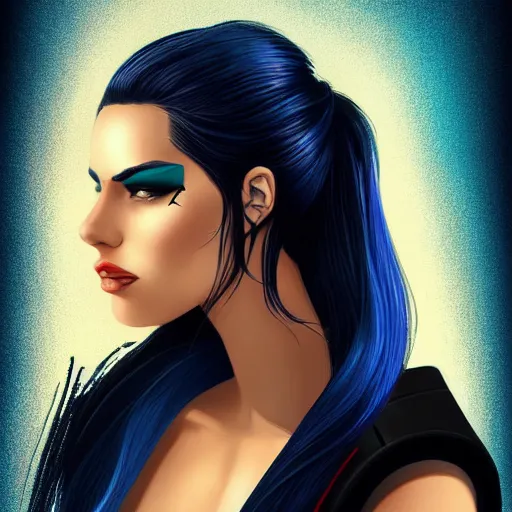 Image similar to a stunning upper body portrait of a beautiful young woman wearing futuristic deep black battle bodyarmor with ombre navy blue teal hairstyle blowing in the wind by marvel comics, digital art, trending on artstation
