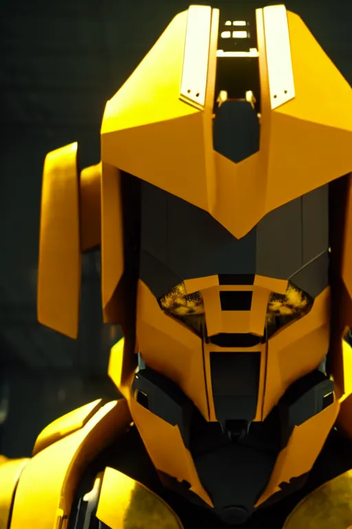 Image similar to a cinematic still from west world, yellow mech bumblebee, humanoid servo, octane render, nvidia raytracing demo, masterpiece, aged armor plating, aggressive head,