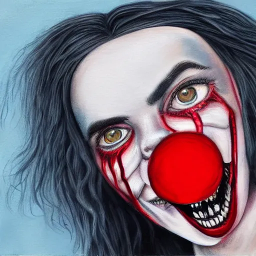 Image similar to grunge painting of billie eilish with her face split down the middle with a wide smile and a red balloon by chris leib, loony toons style, pennywise style, corpse bride style, horror theme, detailed, elegant, intricate