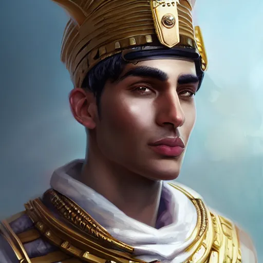 Prompt: Portrait of a young clean shaven steampunk egyptian prince, highly detailed, smooth, sharp focus, artstation, illustration, digital art by WLOP