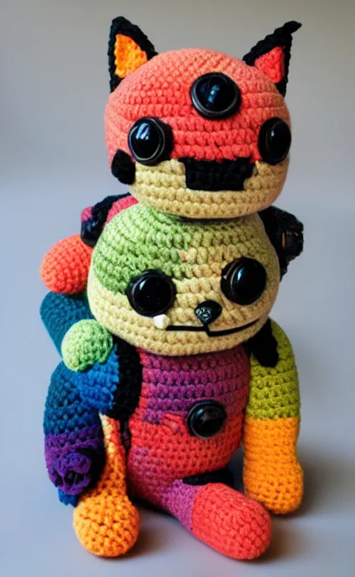 Image similar to multicolored crocheted cyborg cat