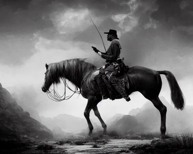 Image similar to a black and white photo of a man on a horse, an ambient occlusion render by frederic remington, cgsociety contest winner, fantasy art, matte drawing, vray, matte painting