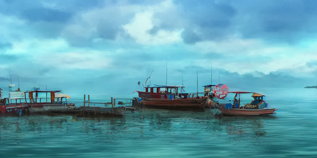 Prompt: pulau indah jetty, boat in foreground, near a fishing town, early morning, detailed matte painting, low angle view, telephoto lens, bokeh, studio ghibli, artstation