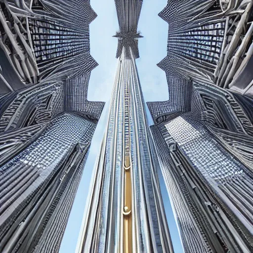 Prompt: detailed intricate futuristic, tallest tower building in the world, cathedral details, composition