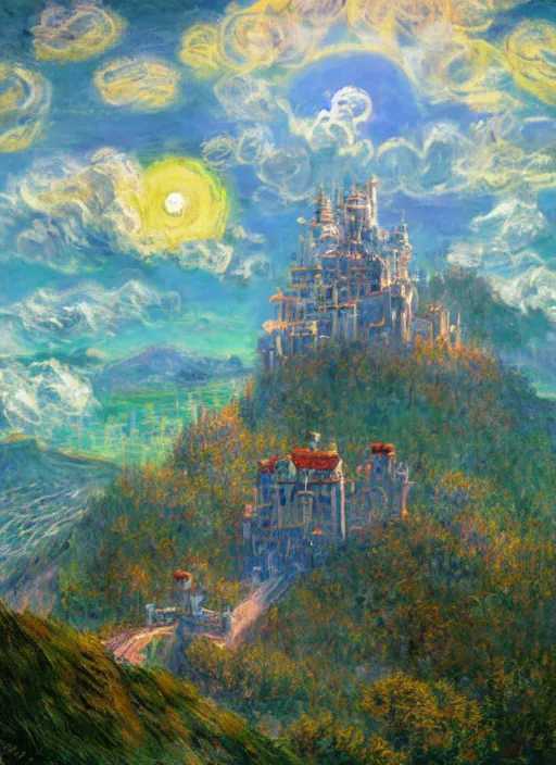 Image similar to retro - futurism anime castle on a mountain in clouds with lots of details look from above rule of thirds golden ratio, fake detail, trending pixiv fanbox, acrylic palette knife, artwork by claude monet