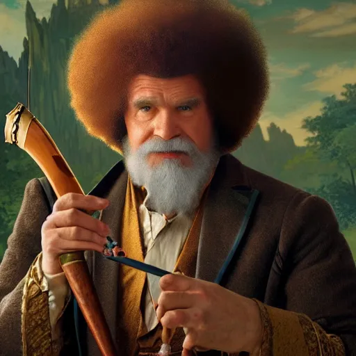 Image similar to an ultra detailed tarot card of bob ross smoking a pipe and dressed as a fantasy bard, d & d, epic fantasy, concept art by alphonse mucha and greg rutkowski, octane render, 8 k, detailed face