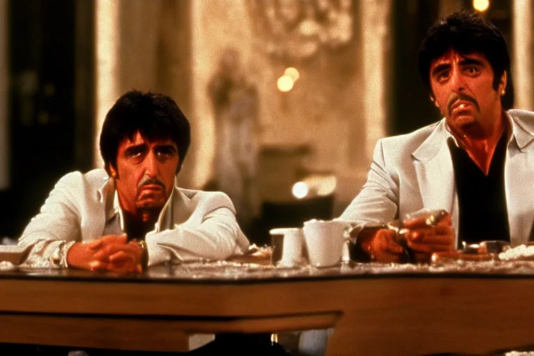 Image similar to face portrait of tony montana from movie scarface 1 9 8 3 sitting behind a big black oak table with big large packages of flour. al pacino. perfect symmetric face, coherent eyes, ron cobb, fine details, cinestill, 4 k. last scene from scarface movie, bokeh