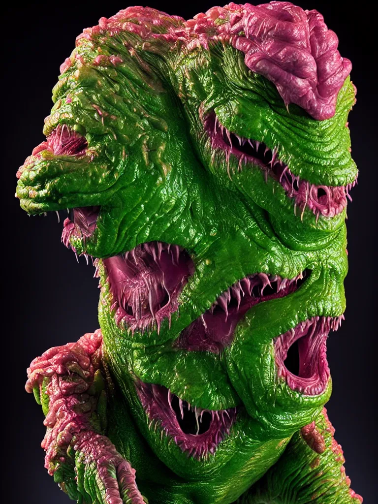 Image similar to hyperrealistic rendering, fat smooth wet cronenberg flesh monster smooth kaiju by art of skinner and richard corben and jeff easley, product photography, action figure, sofubi, studio lighting, colored gels