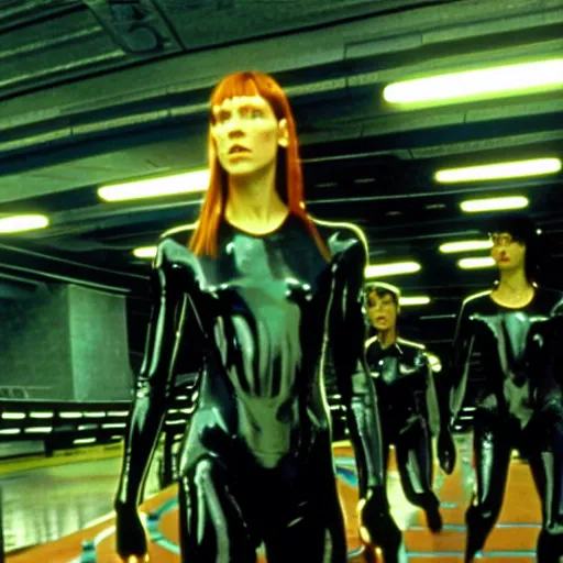 Image similar to The matrix, LeeLoo, Starship Troopers, Sprinters in a race with a clear winner, The Olympics footage, intense moment, cinematic stillframe, shot by Roger Deakins, The fifth element, vintage robotics, formula 1, starring Geena Davis, sports photography, clean lighting