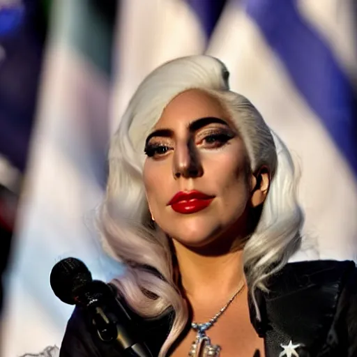 Image similar to Lady Gaga as president, Argentina presidential rally, Argentine flags behind, bokeh, giving a speech, detailed face, Argentina