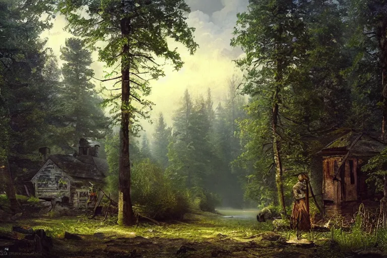 Image similar to A beautiful painting of russian village in dark forest by ivan shishkin and arkhip kuindji, trending on artstation,matte painting