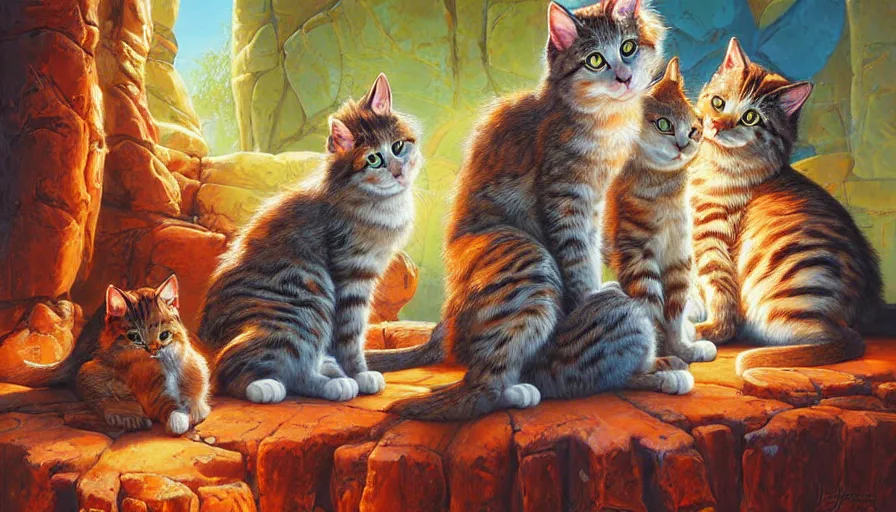 Image similar to highly detailed contemporary acrylic painting of really tall sitting cats by justin gerard, thick brush strokes and visible paint layers, vivid multicolor scheme