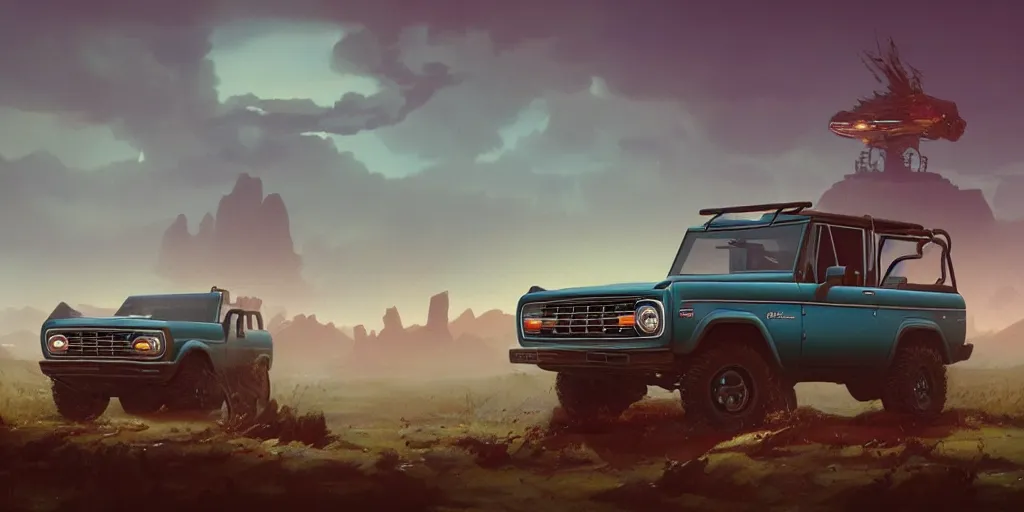 Image similar to ford bronco, an epic fantasy, dramatic lighting, cinematic, establishing shot, extremely high detail, photorealistic, cinematic lighting, artstation, by simon stalenhag, horizon forbidden west