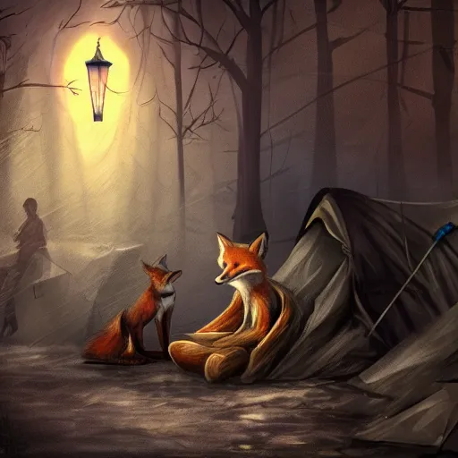Prompt: humanoid fox detective in a homeless tent city with hobos.. dark, gothic. fine art, masterpiece digital painting, 4 k