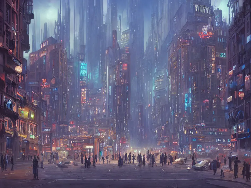 Prompt: beautiful matte painting of a busy city street with complex buildings, vivid lights, art deco, street view, futuristic, technological lights, screens, ads, fine detail, cinematic lighting, concept art, blue color scheme, by hugh ferris