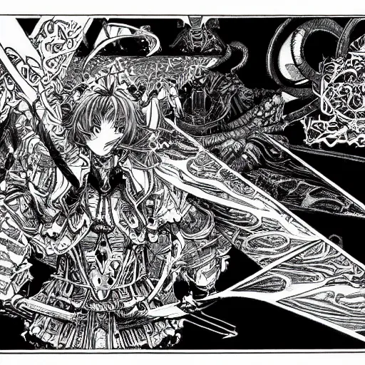 Prompt: highly detailed perspective magic sword drawing black and white goetic pen and ink manga panel by hiroya oku!! mucha sword concept art design still life