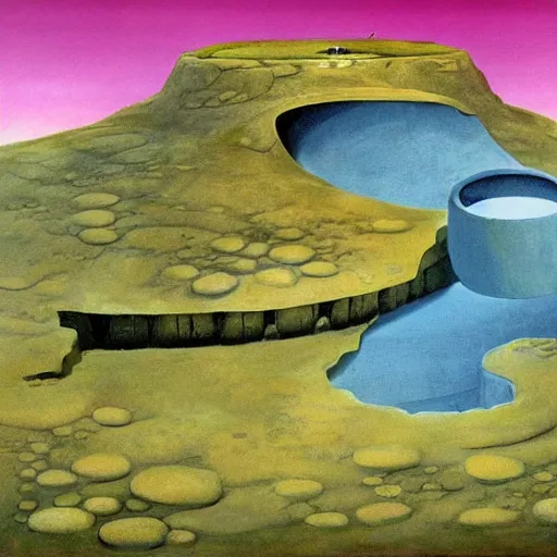 Image similar to a cylindrical pit in the ground with a city inside, painting by Roger Dean