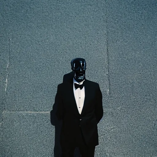 Image similar to sharp portrait of a man in a suit with a face made of black shiny leather standing in los angeles, blured zombies on a background, bokeh, detailed, film photography, kodak portra 4 0 0, mamiya,