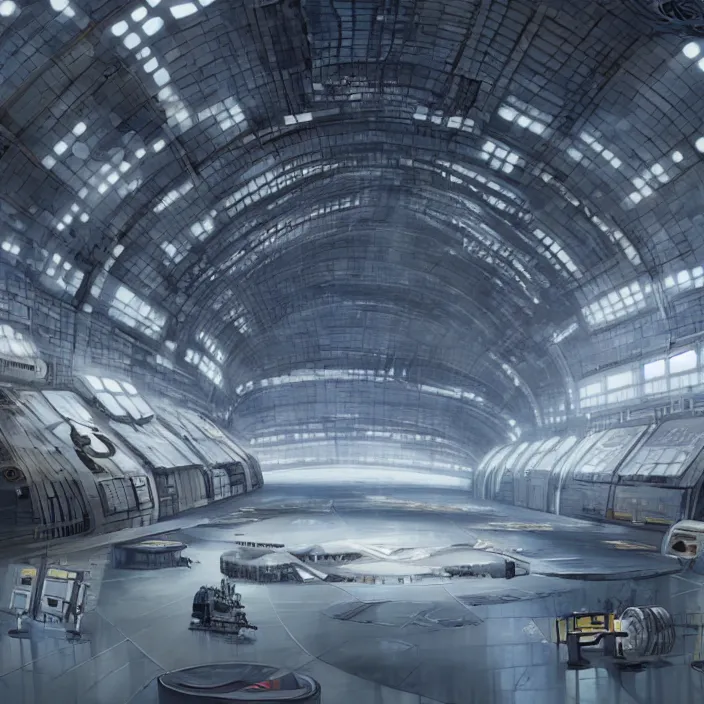 Image similar to A room inside a large hangar of the space station by Jose Daniel Cabrera Pena and Leonid Kozienko, concept art