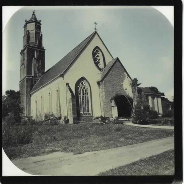 Image similar to very beautiful polaroid photo of a disintegrating church