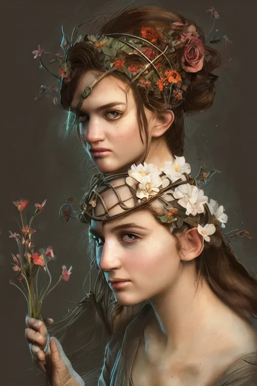 Prompt: portrait, beautiful flower Fairy, face portrait, raphael lacoste, eddie mendoza, alex ross, concept art, matte painting, highly detailed, rule of thirds, dynamic lighting, cinematic, detailed, denoised, centerd