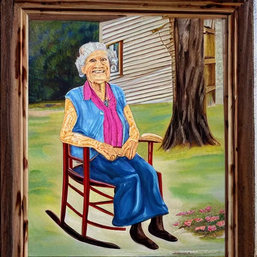 Image similar to painting of an elderly woman sitting in a rocking chair on a porch, appalachian folk art