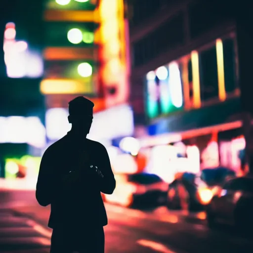 Image similar to silhouette of man smoking cigarette on busy city street, nighttime, neon colors, beautiful close-up photography, 8K