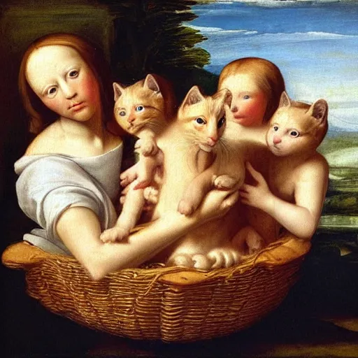 Prompt: Renaissance painting of a basket of kittens