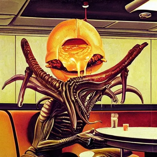 Image similar to alien xenomorph eating a cheeseburger, at a 5 0 s diner, painted by norman rockwell, greg rutkowski, john howe, wlop, artgerm