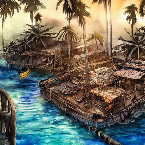 Image similar to tropical pirate shanty town, watercolor, dramatic lighting, cinematic, establishing shot, extremely high detail, foto realistic, cinematic lighting, pen and ink, intricate line drawings, post processed, concept art, artstation, matte painting, style by Steven Spielberg, Peter Jackson, art germ -800