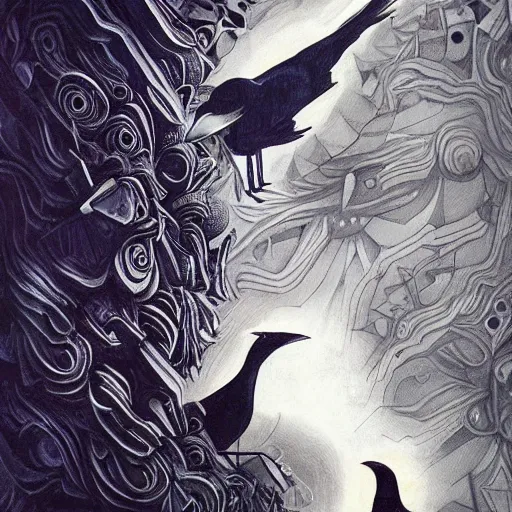 Image similar to a simple crow painting by Android Jones and M. C. Escher collaboration, futurist, digital art, dramatic lighting